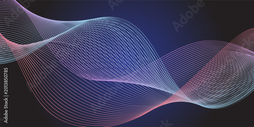 Dark abstract background with glowing wave. Shiny moving lines design element. Modern purple blue gradient flowing wave lines. Futuristic technology concept. Vector illustration