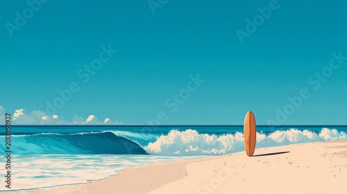 Surfboard on sunny beach with ocean waves under clear blue sky