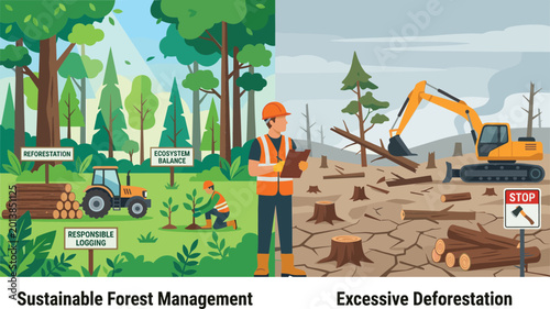 Konstfotografi Flat vector infographic comparing sustainable forest management and reforestation with excessive deforestation environmental destruction and heavy machinery in a split screen design