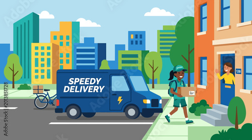 Billede på lærred Illustration of speedy delivery service in urban setting with van and worker