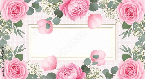 Pink Rose and Eucalyptus Floral Frame Background with Copy Space