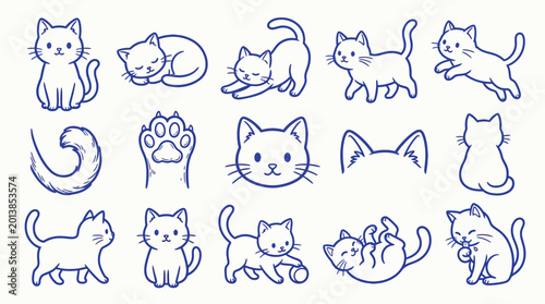 Quadro su tela Set of cute hand-drawn cartoon cat illustrations in various poses and expressions, perfect for children's designs and pet-related content