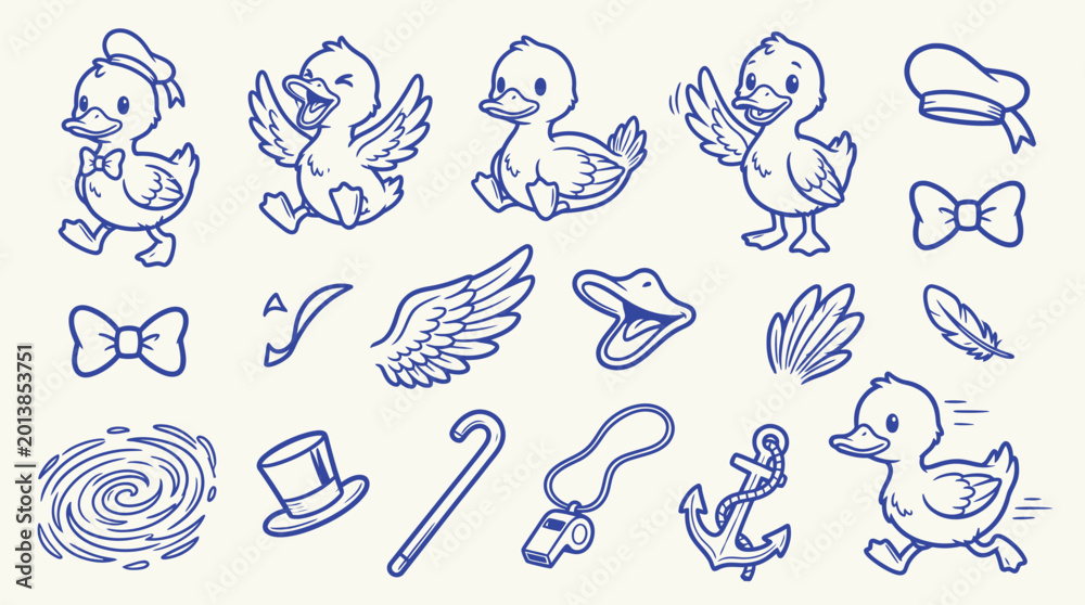 Fototapeta premium Cute cartoon ducklings and accessories doodle set in blue ink on a light background.