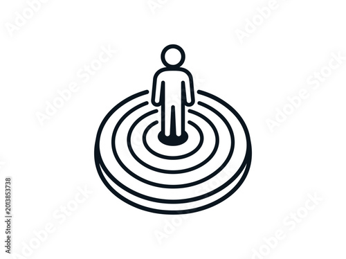 A person stands centered within concentric circles on a plain surface.