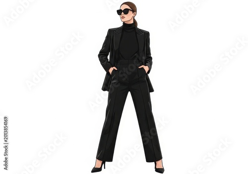 Elegant black velvet blazer suit with high-waisted trousers and heels