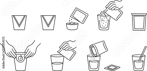 Photos Set of instruction line icons showing how to open sachet pour powder into glass