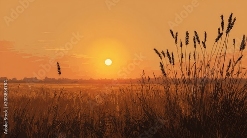 Serene sunset over prairie landscape with silhouetted grasses