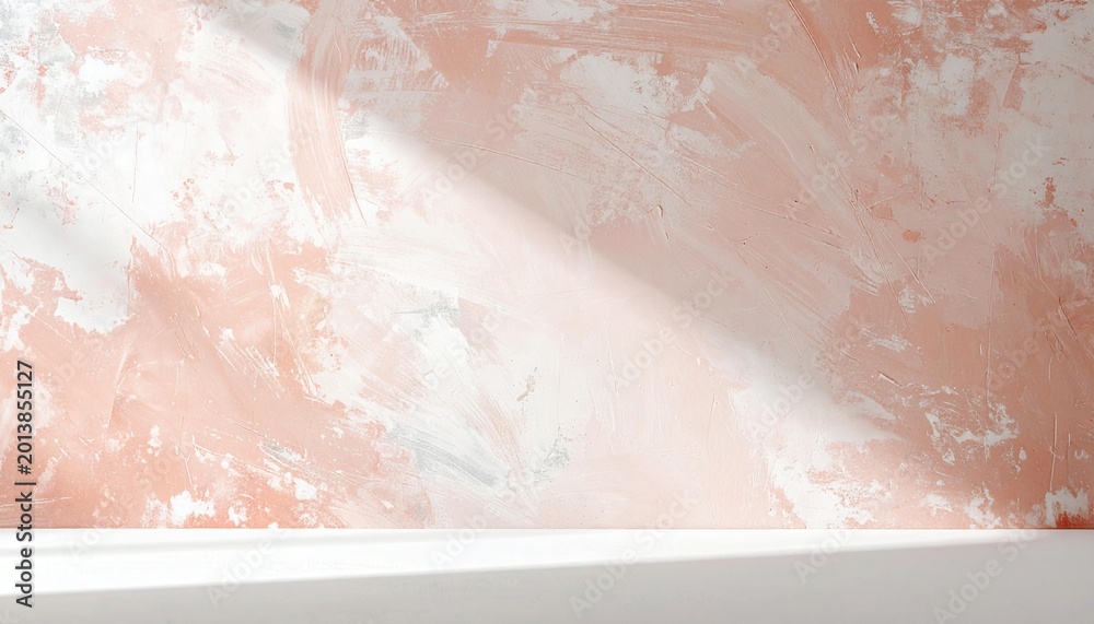 Fototapeta premium Peach textured wall background with sun light and shadows.