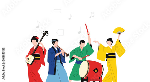 Foto Japanese Festival Performers with Traditional Instruments and Fan