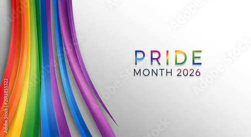 Rainbow-colored curved strips on a white background with the words 