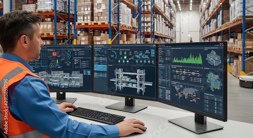 Man analyzing data on digital dashboards in modern warehouse