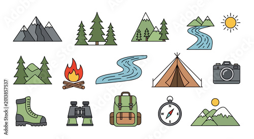 Camping icons and travel symbols.