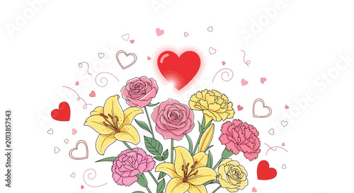 Colorful flowers with heart decorations.
