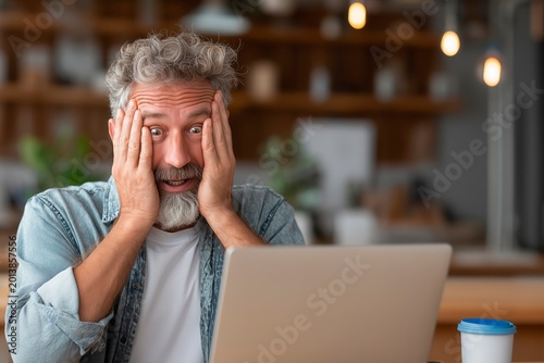 Shocked man using laptop reacting to unexpected financial problem at home