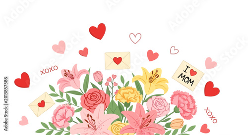 Colorful flowers and heart decorations.