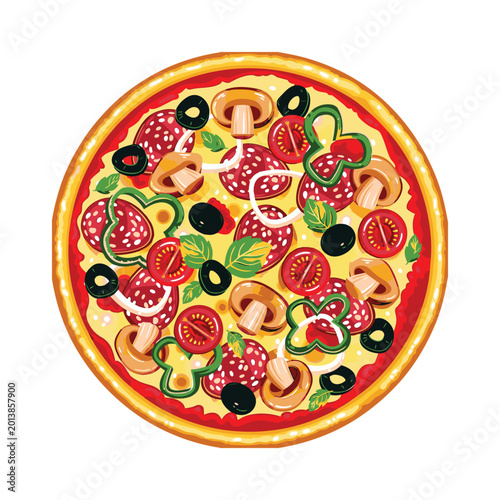 Classic Pepperoni Mushroom Pizza Top View Vector