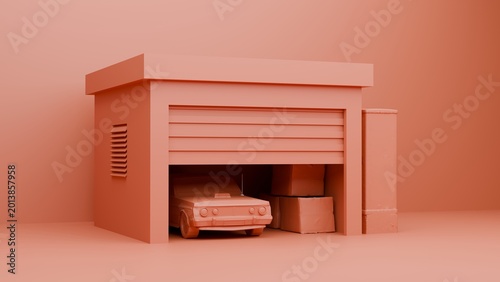 Canvastavla Minimalist 3D render of a monochrome terracotta garage interior with a classic c