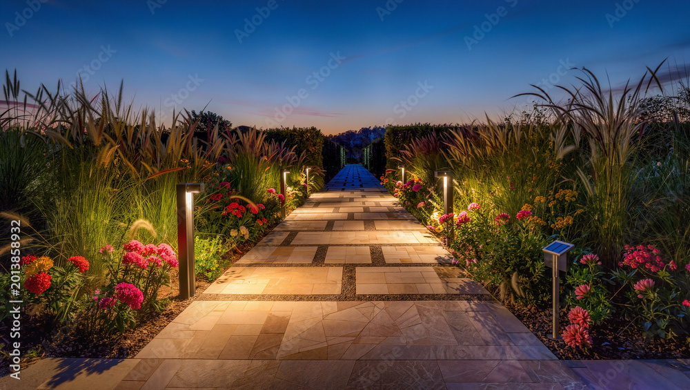 Fototapeta premium Illuminated Garden Path Leading to Distant Archway at Twilight