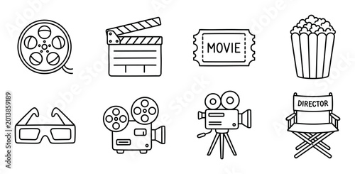 Fotografie Cinema and movie outline icons set with film reel, clapperboard, ticket, popcorn