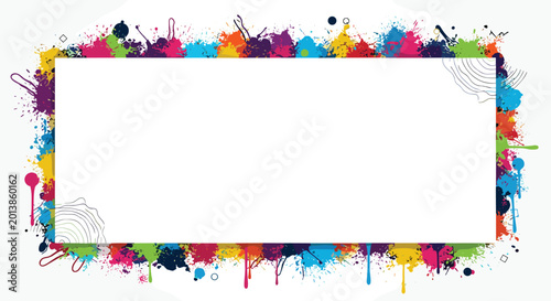 Horizontal white rectangle frame surrounded by vibrant and chaotic colorful paint splatters and ink drips on a textured background.