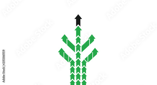 Conceptual graphic of multiple green arrows moving upward to form a tree shape with a single black arrow leading at the peak.