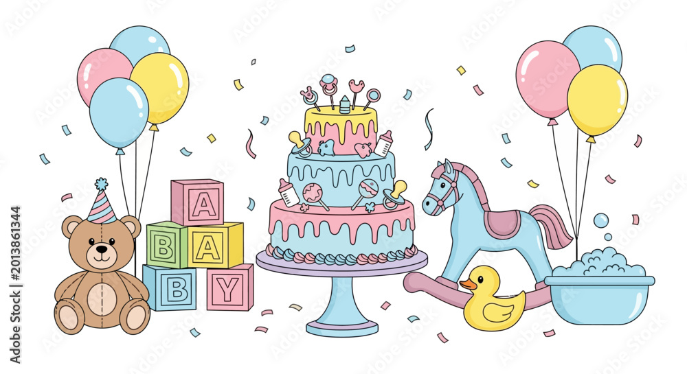 Εκτύπωση καμβά Colorful birthday party cake and toys.