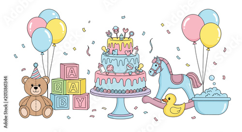 Foto Colorful birthday party cake and toys.