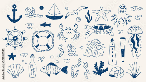 Obraz na płótnie Nautical Doodle Elements Set