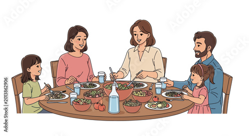 Quadro su tela Happy family having a healthy dinner together at a round table