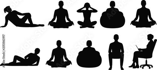 Fotografie Collection of black silhouettes featuring people in various relaxing poses including yoga meditation sitting on bean bags and working