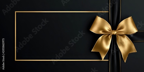 Gold border template, ribbon bow, textured paper surface. Blank central panel for custom message. Sheen frame, elegant luxury ceremony framed invitation black layout. Voucher, gift card use. Goal list