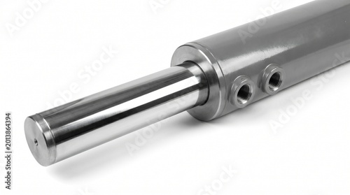 Hydraulic cylinder rod with chrome piston and mounting bracket isolated on white