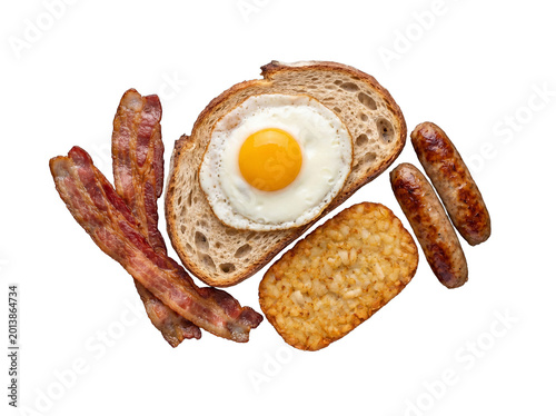 Canvastavla Classic full English breakfast elements including fried egg, crispy bacon, golden hash brown, and savory sausages