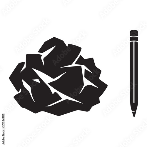 Black silhouette of a pencil beside a crumpled paper, symbolizing creativity, revision, and the frustration or persistence of the writing process.