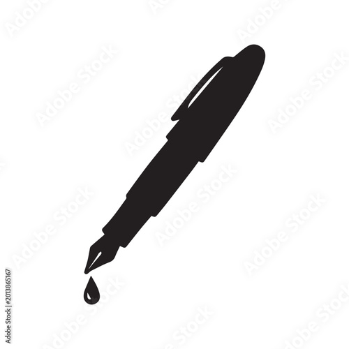 Black silhouette of a fountain pen angled downward with a single ink droplet falling from its nib, symbolizing writing, creativity, and artistic expression.
