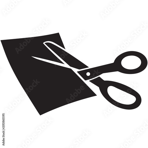 Black silhouette of open scissors cutting through a sheet of paper, symbolizing trimming, editing, or crafting action.