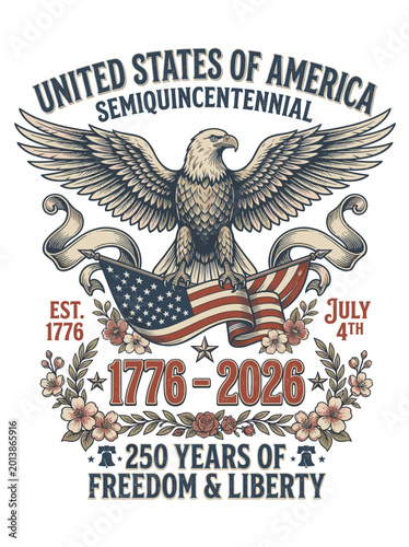 United States of America Semiquincentennial 250 Years of Freedom and Liberty 1776 2026 Bald Eagle American Flag Floral July 4th Patriotic T-Shirt Vector Design Isolated on Transparent Background