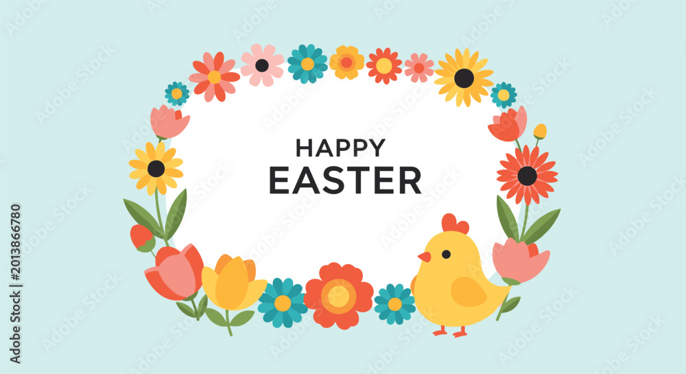 Fototapeta premium Festive happy easter greeting card with a cute yellow chick and a vibrant colorful floral frame on a blue background.