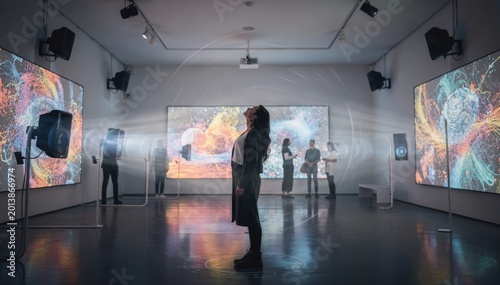 Med shot of an interactive digital art gallery where directional sound speakers are mounted highlighting a visitor experiencing immersive audio paired with visual displays.