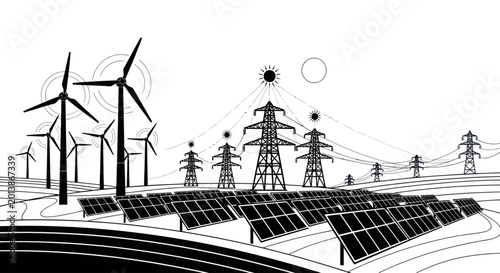 Obraz na plátně Monochromatic illustration of renewable energy sources and power transmission