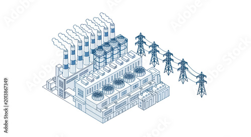 Isometric line art illustration of an industrial power plant