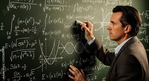 Man writing equations on blackboard displaying science learning