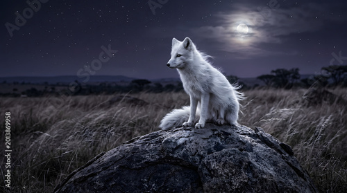 Majestic arctic fox sitting on a large rock under a full moon and starry night sky in a serene grassy field landscape