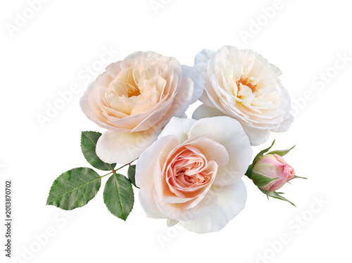 Canvastavla Romantic arrangement of creamy white and peach roses with a delicate pink bud, isolated on transparent background