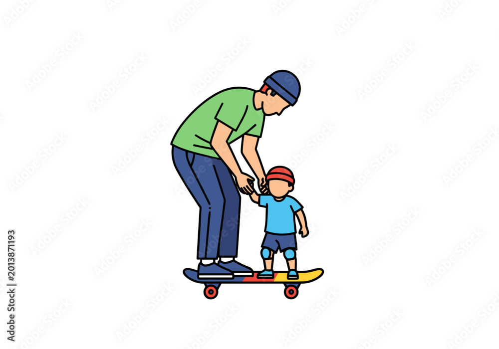 Fototapeta premium Illustration of a man teaching a child to ride a skateboard with safety gear.