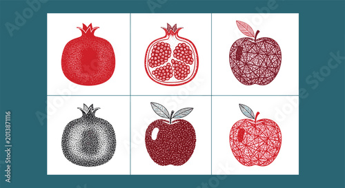 Artistic illustrations of pomegranates and apples in various styles including stippling geometric mesh and line art.
