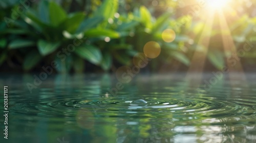 Water drops create ripples on the surface of a pond surrounded by green plants during sunset