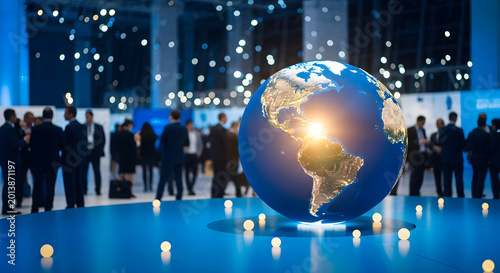 Global business conference with a glowing earth globe centerpiece in a modern convention hall