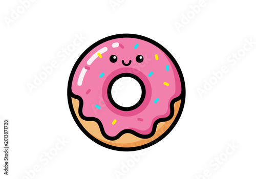Cartoon illustration of a smiling pink donut with colorful sprinkles on a white background.