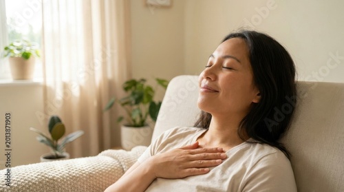 Anxiety Relief Concept: Individual focusing on breath in peaceful indoor space

